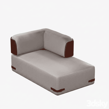 A modern, low-profile upholstered chaise lounge featuring a light grey textile fabric. It has a distinctive L-shaped backrest and armrest on one side. The ends of the backrest/armrest are accented with dark brown leather, as are the decorative buckle-like straps wrapping around the lower edge of the chaise's base on all visible sides. — 3D model (AI enhanced source)