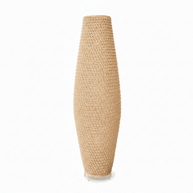A tall, ovoid-shaped floor lamp featuring an intricate, open-weave pattern constructed from natural fibers. The lamp tapers at both ends and rests on a minimalist base of thin, light-colored metal rods. The overall design emphasizes natural textures and diffuse lighting. — 3D model (AI enhanced source)