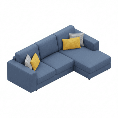 A contemporary L-shaped sectional sofa with a right-hand facing chaise lounge, upholstered in a blue woven fabric, featuring block arms and including two accent pillows. — 3D model (AI enhanced source)