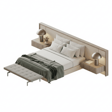A modern platform bed ensemble featuring an oversized upholstered headboard with wooden trim, integrated floating nightstands, and a coordinating tufted bench at the foot. The bed is dressed with white bedding and a dark green throw blanket, complemented by two contemporary table lamps on the nightstands. — 3D model (AI enhanced source)