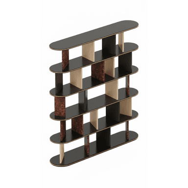 A contemporary freestanding shelving unit composed of six tiers of elongated oval-shaped black laminate shelves. The shelves reveal a light wood core along their edges. They are supported by a series of vertical dividers that alternate between light natural wood and a mottled reddish-brown burled material, creating an open, segmented structure with contrasting elements. — 3D model (AI enhanced source)