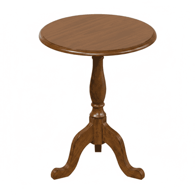 A small, round wooden table featuring a turned pedestal base and three curved, splayed legs. The tabletop has a subtle beveled edge and the entire piece is finished in a medium-to-dark brown wood tone, suggesting a traditional or transitional style. — 3D model (AI enhanced source)