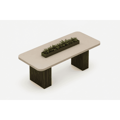 A modern rectangular conference table featuring a light beige top with rounded corners, supported by two dark brown fluted pedestal bases. A rectangular black planter with green foliage is seamlessly integrated into the center of the tabletop. — 3D model (AI enhanced source)