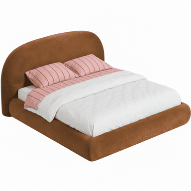 An upholstered platform bed featuring a continuous, integrated design with a softly curved headboard and a low-profile frame. The entire structure is covered in a plush, warm brown fabric, designed for a modern aesthetic. — 3D model (AI enhanced source)