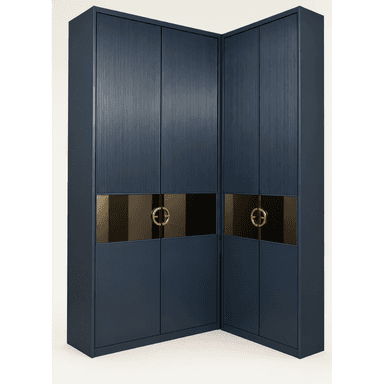 A sophisticated L-shaped corner wardrobe in a matte navy blue finish, designed for ample storage in corner spaces. It features multiple doors with a combination of vertical fluted upper panels and smooth lower panels. A distinctive central horizontal band incorporates dark reflective glass or mirror panels, accented by unique circular brass handles. — 3D model (AI enhanced source)