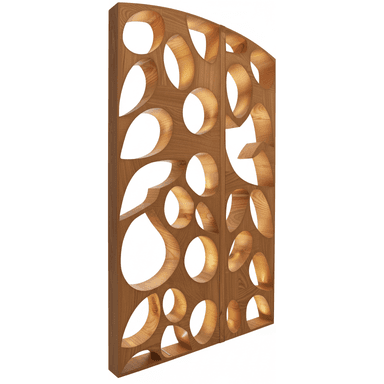 A wooden panel featuring various organic and circular cutouts, designed to divide a space. The wood has a visible grain and a warm tone. — 3D model (AI enhanced source)