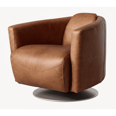 A contemporary swivel lounge chair upholstered in tan leather, featuring a rounded, integrated design with padded arms and a low-profile circular metal base. — 3D model (AI enhanced source)