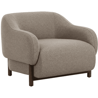 A contemporary accent chair featuring a compact and rounded silhouette. The chair is fully upholstered in a textured taupe or light brown woven fabric, covering the seat, back, and integrated arms. It stands on four slender, tapered dark brown wooden legs, which are visible beneath the upholstered base. The design emphasizes comfort and modern simplicity, with a soft, inviting form. — 3D model (AI enhanced source)