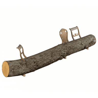 A long, raw, unrefined tree log functions as the main seating surface, supported by smaller wooden blocks underneath. Attached to the top of the log are three distinct, ornately carved wooden chair backrests. Each backrest features a traditional, somewhat baroque or rococo-inspired design with decorative flourishes. The log itself has visible bark texture and a natural brown color, while the backrests appear to be made of a lighter-colored wood, possibly painted or stained, complementing the rustic aesthetic with an unexpected touch of classical elegance. The overall piece is a functional yet highly artistic bench. — 3D model (AI enhanced source)