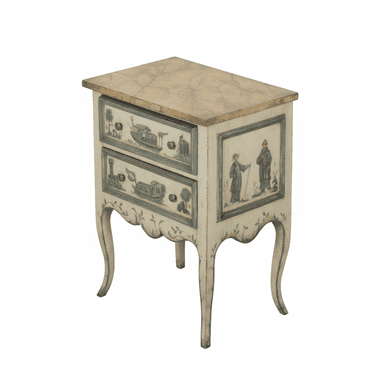 A small, two-drawer chest of drawers with a rectangular top and curved legs. The front of the drawers and the side panels are decorated with hand-painted scenes featuring boats and figures, in a chinoiserie style. The top has a marble-like pattern. The piece has a distressed finish. — 3D model (AI enhanced source)