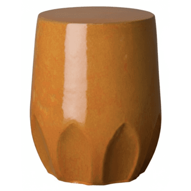 A vibrant orange glazed ceramic stool, featuring a cylindrical form with a slightly tapered body and sculpted indentations around the base. The top surface is flat, and the glossy finish has subtle color variations. — 3D model (AI enhanced source)