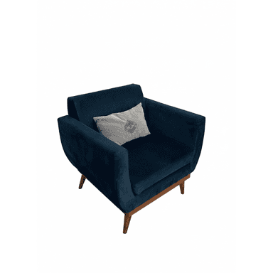 A modern dark blue velvet accent armchair with a boxy silhouette, track arms, and tapered wooden legs. A light gray throw pillow rests on the seat. — 3D model (AI enhanced source)