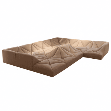 A contemporary modular sectional sofa featuring a low-profile design and distinctive geometric tufting. The sofa is upholstered in a textured, light brown or beige fabric, with individual modules forming an L-shaped configuration. The intricate tufting creates a faceted, three-dimensional surface across the seating and backrest areas, giving it a sculptural appearance. The design emphasizes comfort and a relaxed lounging experience, suitable for modern living spaces. — 3D model (AI enhanced source)
