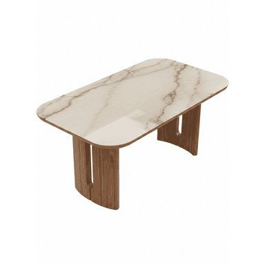 A contemporary coffee table featuring a rectangular top with rounded corners, crafted from a light-colored marble or marble-look material with prominent brown and grey veining. The base consists of two substantial, curved wooden legs made of dark brown wood, each appearing to be composed of two separate vertical panels, creating a sculptural and sturdy support. The overall aesthetic is sleek and modern. — 3D model (AI enhanced source)