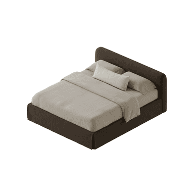 A modern upholstered bed featuring a low-profile platform base and a gently curved headboard, all covered in a dark brown fabric. The bed is dressed with light beige/tan bedding, including a duvet, two standard pillows, and a long bolster pillow. The design is minimalist and contemporary. — 3D model (AI enhanced source)