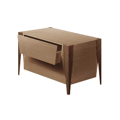 A rectangular wooden nightstand featuring a single drawer and an open lower shelf. It is characterized by its two-tone wood construction, with a lighter-toned body and darker, sharply tapered legs integrated into the corner supports. — 3D model (AI enhanced source)