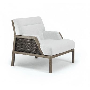 A modern armchair featuring a robust wooden frame with intricate woven cane panels on its sides. The chair is upholstered with thick, comfortable cushions in a light, textured fabric, providing a contrast to the natural wood and dark cane. The overall design emphasizes clean lines and a relaxed aesthetic. — 3D model (AI enhanced source)