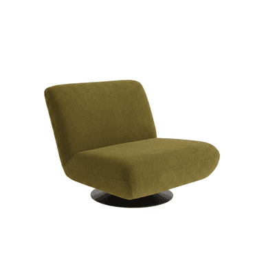 An armless, low-profile lounge chair upholstered in olive green fabric, featuring a broad seat and backrest, supported by a circular black metal swivel base. — 3D model (AI enhanced source)