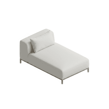A modern upholstered chaise lounge featuring a minimalist design with a low-profile metal frame. The body is upholstered in a light, neutral fabric, providing a clean and contemporary aesthetic. It includes a single integrated backrest on one side and a loose, rectangular pillow for added comfort. The chaise rests on subtle, thin metal legs. — 3D model (AI enhanced source)