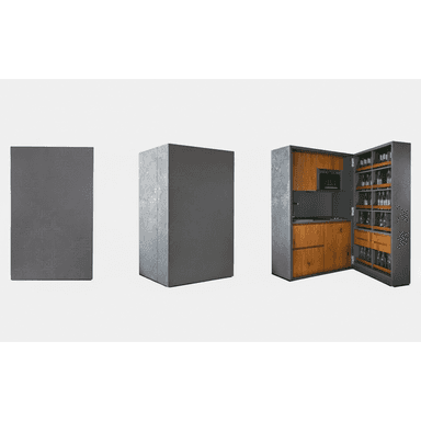 A tall, rectangular, self-contained cabinet designed to conceal a compact kitchenette and bar area. When closed, it appears as a solid, minimalist gray block with a subtle, geometric textured pattern. When opened, it reveals a fully equipped interior featuring a microwave oven, a small sink, wooden base cabinets, and extensive shelving with dedicated slots for bottles and glassware, all finished in a combination of natural wood and dark gray panels. — 3D model (AI enhanced source)