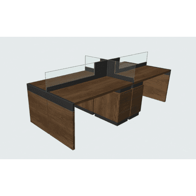 A modern four-person modular office workstation featuring individual desk surfaces, integrated storage, and clear privacy screens, presented in a dark wood finish with black accents. — 3D model (AI enhanced source)
