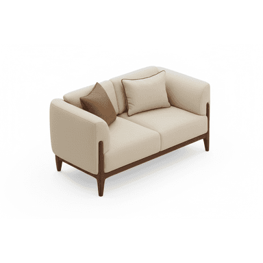 A contemporary two-seater loveseat upholstered in a light beige fabric, featuring an exposed dark wood frame and tapered legs. The design includes rounded arms, two separate seat cushions, and two back cushions, one of which has contrasting dark piping. An additional brown accent pillow is present. — 3D model (AI enhanced source)