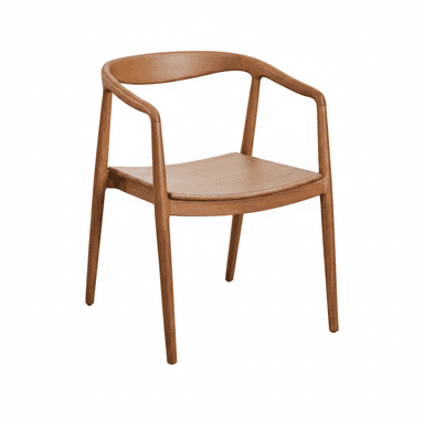 A modern dining armchair constructed entirely from wood, featuring a curved backrest that seamlessly integrates into the armrests. The seat is solid wood, contoured for comfort, and the legs are tapered and slender. The overall design is minimalist with clean lines. — 3D model (AI enhanced source)