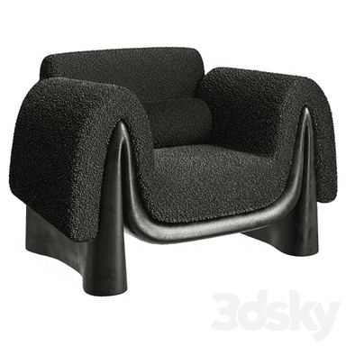 A contemporary sculptural lounge chair featuring a bulky, rounded form upholstered in a black textured boucle fabric, supported by a distinctive dark, curved, molded base. — 3D model (AI enhanced source)