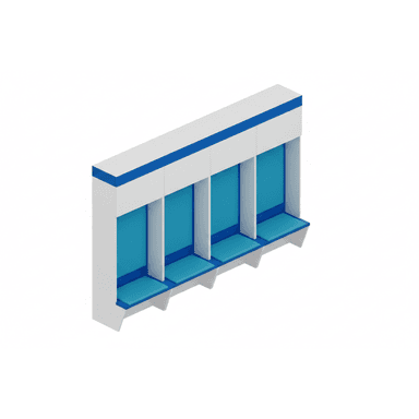 A multi-section modular bench with integrated overhead storage, featuring individual seating bays upholstered in light blue, and a white laminate structure with blue accents. — 3D model (AI enhanced source)
