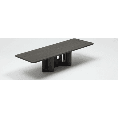 A contemporary coffee table crafted from dark-stained wood, featuring a rectangular tabletop with subtly rounded edges. The table's distinctive base consists of two sculptural, curved pedestals connected by a central element, providing a unique and stable foundation. The design emphasizes clean lines and a minimalist aesthetic. — 3D model (AI enhanced source)