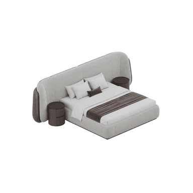 A modern upholstered platform bed featuring a light grey fabric frame and an expansive, curvilinear headboard. The headboard extends outwards and curves down on both sides, incorporating two round, dark brown nightstands. The bed is dressed with white bedding and a brown throw. — 3D model (AI enhanced source)