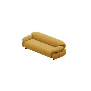 A modern, mustard yellow loveseat with a distinct gathered or pleated upholstery style, featuring soft, rounded forms and a low-profile design supported by small, dark feet. — 3D model (AI enhanced source)