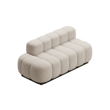 A contemporary sofa featuring a distinctive sculptural design composed of multiple rounded, bubble-like modules that form both the seat and backrest. The sofa is upholstered in a light, textured fabric, likely bouclé, and rests on a low-profile, dark base. Its design is modern and invites lounging. — 3D model (AI enhanced source)