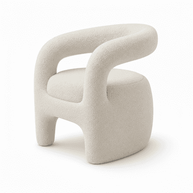 A modern, fully upholstered lounge chair featuring a rounded, sculptural form and covered in a textured, off-white boucle fabric. The arms and backrest flow seamlessly, and the short, integrated legs maintain the chair's soft, curvilinear aesthetic. — 3D model (AI enhanced source)