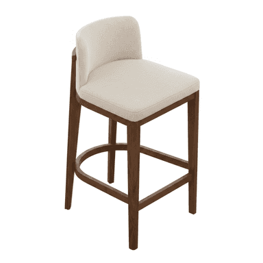 A modern bar stool featuring a dark-stained solid wood frame and light cream-colored fabric upholstery on both the seat and the gently curved backrest. The stool has four tapered legs with an integrated semi-circular footrest. — 3D model (AI enhanced source)