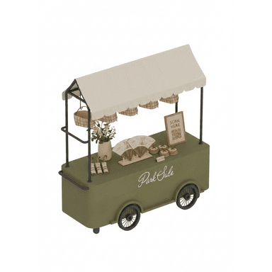 A mobile vendor cart, rendered in a modern style, features an olive green base with two spoked wheels and two small caster wheels, indicating portability. It has a sturdy black metal frame supporting a light cream or off-white fabric awning with scalloped edges. The cart's body includes a flat display surface where various items are arranged, along with a 'Park Side' logo on the side. A side handle suggests it's designed for pushing. — 3D model (AI enhanced source)