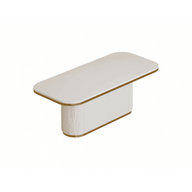 A modern white table featuring a rectangular top with rounded corners, supported by a central, fluted pedestal base, all accented with elegant brass trim. — 3D model (AI enhanced source)