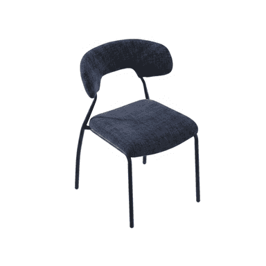 An armless chair featuring a dark blue upholstered seat and a separate, curved backrest, supported by a slender black metal frame with four legs. — 3D model (AI enhanced source)