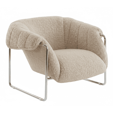 A contemporary lounge chair featuring a plush, light beige bouclé upholstery with channel tufting on the backrest, supported by a sleek tubular metal frame. — 3D model (AI enhanced source)