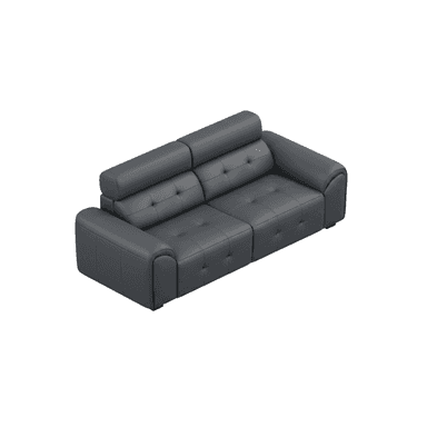 A contemporary dark gray faux leather two-seater sofa featuring tufted cushions, wide armrests, and adjustable cylindrical headrests, presented on a white background. — 3D model (AI enhanced source)