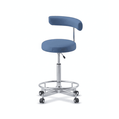 A modern, functional swivel stool with a backrest, featuring blue upholstered seat and back on a polished chrome metal base with caster wheels and a footring. — 3D model (AI enhanced source)