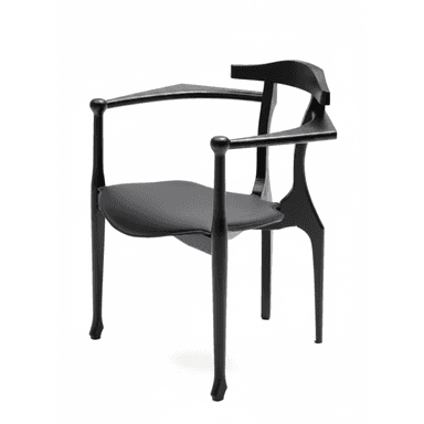 A contemporary armchair featuring a sculptural black-stained wooden frame and an upholstered seat pad. The design integrates the armrests seamlessly into the backrest, creating a distinctive profile. The legs are subtly splayed, with the rear legs following the curvature of the back. — 3D model (AI enhanced source)