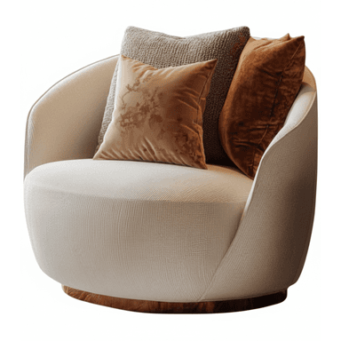 A contemporary lounge chair with a rounded, barrel-shaped silhouette, upholstered in a light-colored textured fabric, and featuring a circular wooden swivel base. It includes several decorative pillows in varying shades of brown and beige. — 3D model (AI enhanced source)