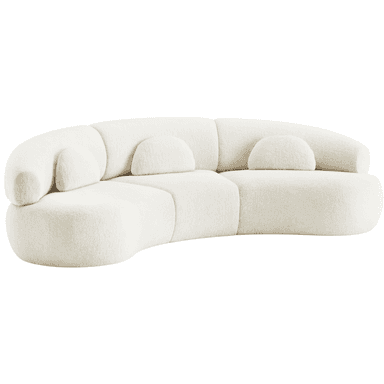 A cream-colored, curved sectional sofa upholstered in plush boucle fabric. The sofa features a serpentine shape composed of multiple modular sections, with integrated semi-circular back cushions and a low-profile design. — 3D model (AI enhanced source)