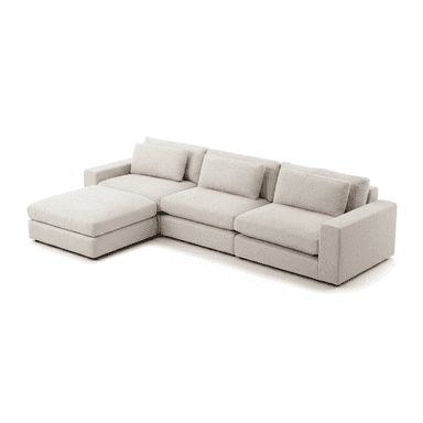 A modern sectional sofa featuring a modular design with a left-facing chaise lounge. The sofa is upholstered in a light beige or off-white woven fabric, presenting a clean and minimalist aesthetic. It comprises several connected units, including a chaise, two armless seats, and one seat with a right armrest. Each seating segment features thick, boxy seat cushions and loose back cushions, along with smaller throw pillows. The armrests are broad and flat, contributing to the sofa's contemporary block-like silhouette. The overall design emphasizes comfort and clean lines, suitable for a relaxed living space. — 3D model (AI enhanced source)