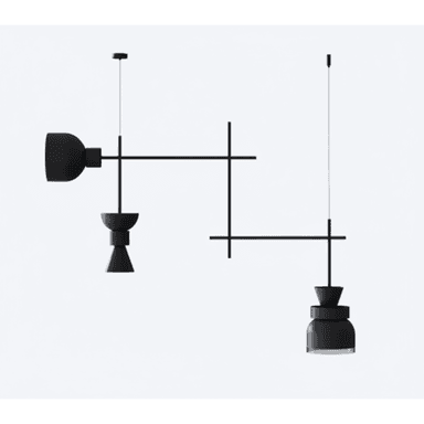 Two contemporary black pendant lights, featuring minimalist geometric forms. One has a wall-mounted component with a directional shade and a smaller hanging element, while the other is fully suspended with a bell-shaped shade and a clear base. Both integrate linear black rods into their design. — 3D model (AI enhanced source)