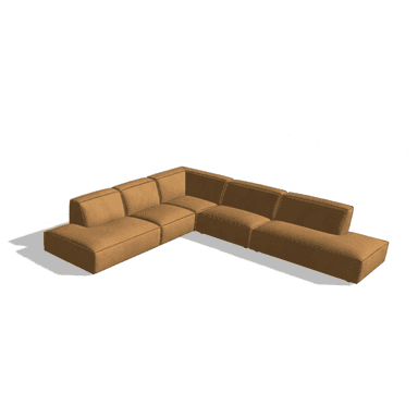 A modern, L-shaped modular sectional sofa, upholstered in a tan or camel-colored faux leather, featuring clean lines and visible contrast stitching. The sofa is composed of several block-like units, including a corner piece and a chaise or extended segment, creating a versatile seating arrangement. — 3D model (AI enhanced source)