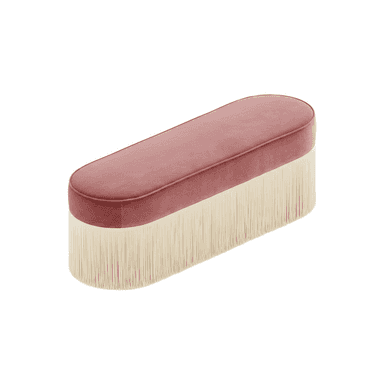 An oval-shaped bench upholstered in pink velvet, featuring a long, cream-colored fringe around its entire base. — 3D model (AI enhanced source)