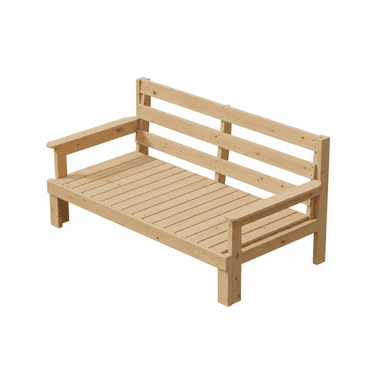 A natural light-toned wooden outdoor bench with a slatted seat, backrest, and armrests. The construction appears sturdy, featuring visible screw fastenings and simple rectangular legs. The design is utilitarian and well-suited for outdoor environments, suggesting resistance to elements or the need for outdoor-specific wood treatment. It lacks any upholstery or decorative elements, emphasizing its functional form. — 3D model (AI enhanced source)