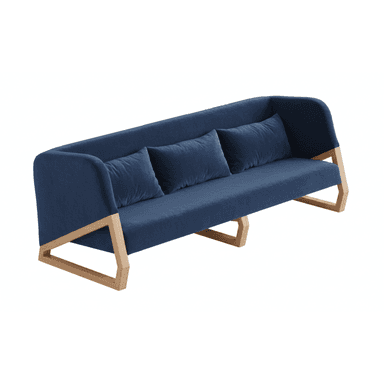 A modern sofa featuring deep blue fabric upholstery and a distinctive exposed light-toned wooden frame. The sofa has a single seat cushion and three loose back cushions, with a gently sloped back and integrated armrests that flow into the overall form. The unique wooden frame forms an angular support structure beneath the upholstered body. — 3D model (AI enhanced source)